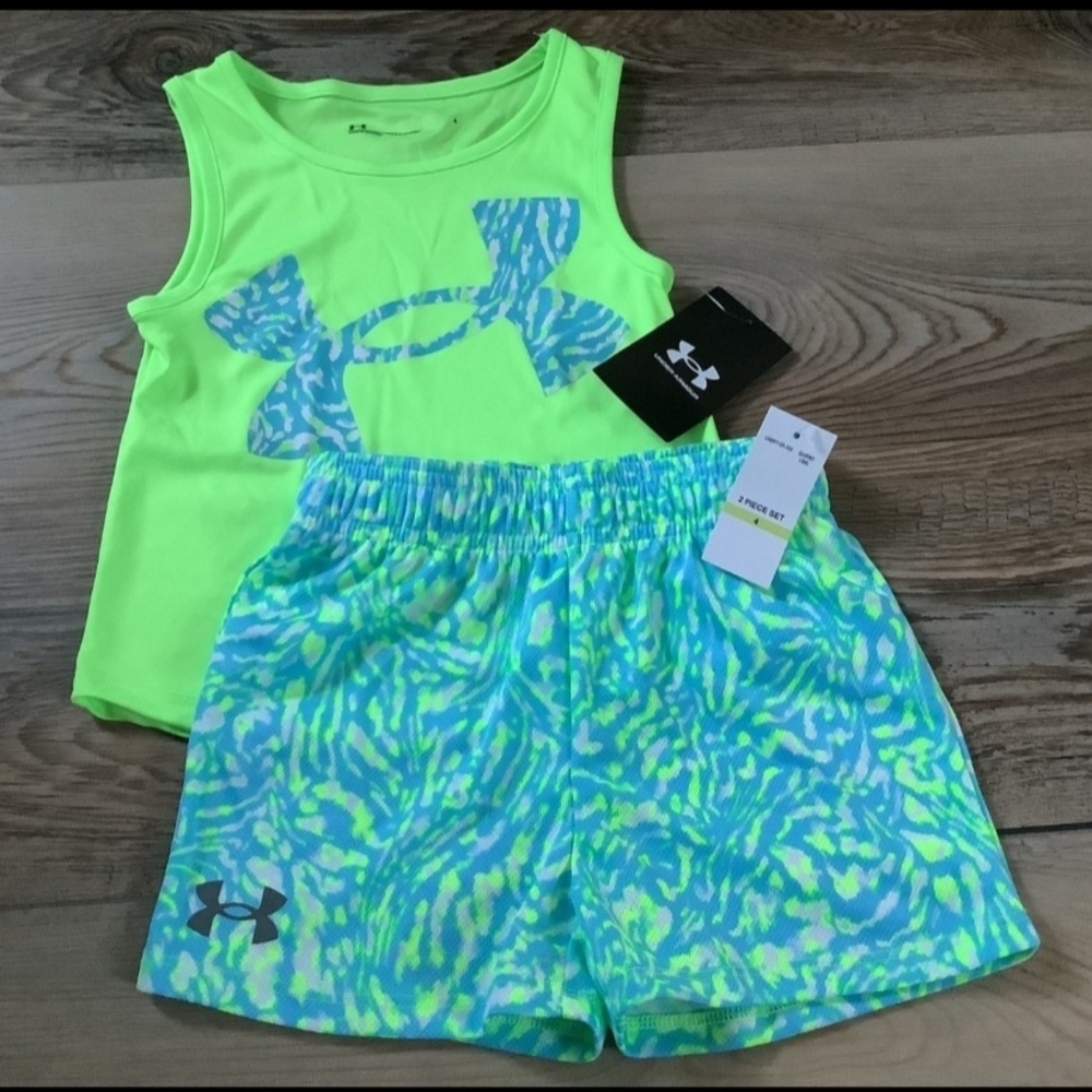 Under Armour Neon Lime Tank with Aqua Pattern Shorts Set